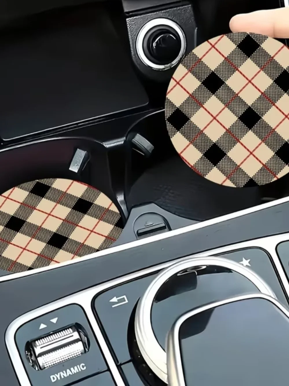Plaid Car Cup Holder (2) Coasters - Tan & Black Plaid
